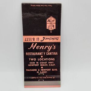 Vintage Matchbook Henry's Reataurant Y Cantina Newport Beach California 1950s Co